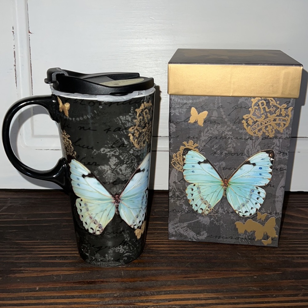 Cypress Home- Butterfly ceramic travel mug and matching gift box set- 17oz